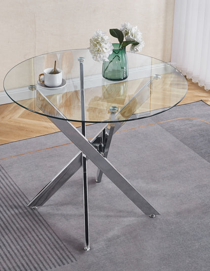 Dining Table With Tempered Glass And Cross Metal Legs Chrome