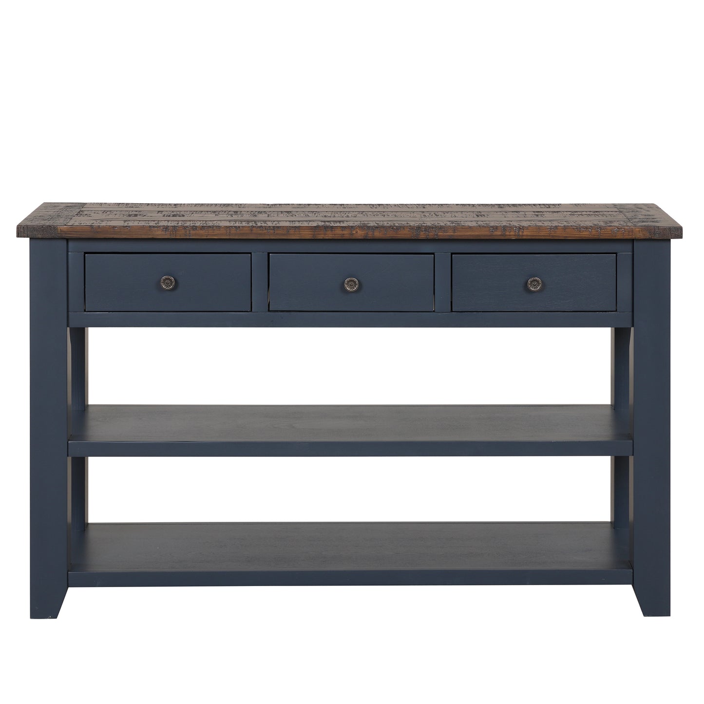 49-Inch Solid Pine Console Table with 3 Drawers and 2 Shelves for Living Room or Entryway, Vintage Style, Blue
