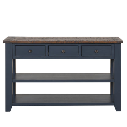 49-Inch Solid Pine Console Table with 3 Drawers and 2 Shelves for Living Room or Entryway, Vintage Style, Blue