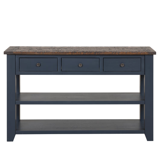 49-Inch Solid Pine Console Table with 3 Drawers and 2 Shelves for Living Room or Entryway, Vintage Style, Blue