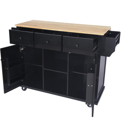 Black Kitchen Island Cart with Drop-Leaf Rubber Wood Top, Storage Cabinet, and Rolling Wheels
