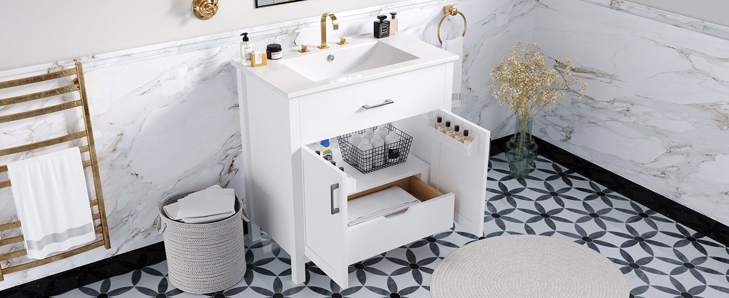 Elegant 30-Inch White Bathroom Vanity with Ceramic Sink and Ample Storage for Compact Spaces