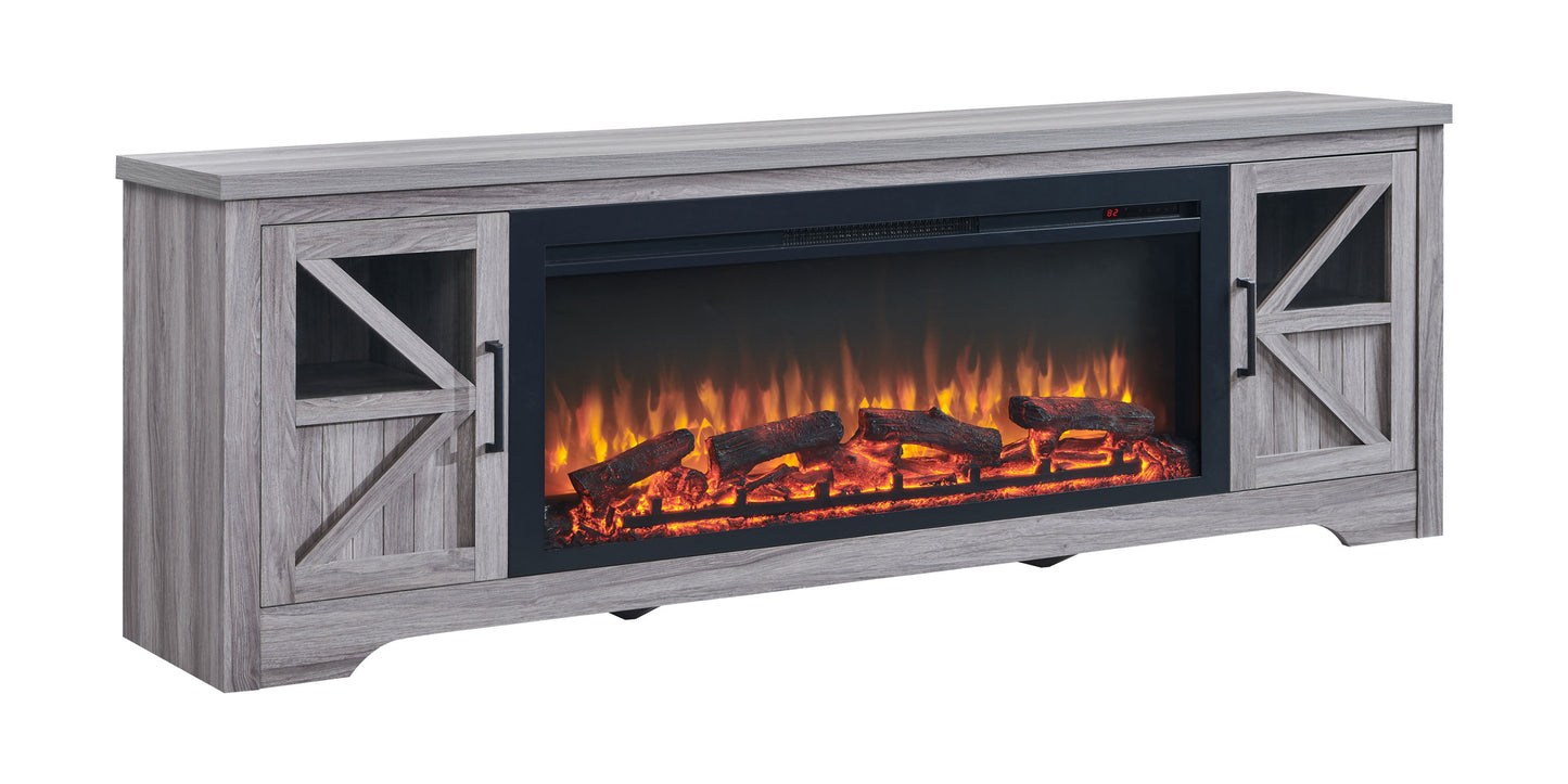 75-Inch TV Stand with 44-Inch Electric Fireplace, Supports TVs Up to 80-Inches, Glass & MDF Gray Wash