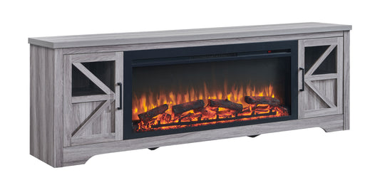 75-Inch TV Stand with 44-Inch Electric Fireplace, Supports TVs Up to 80-Inches, Glass & MDF Gray Wash