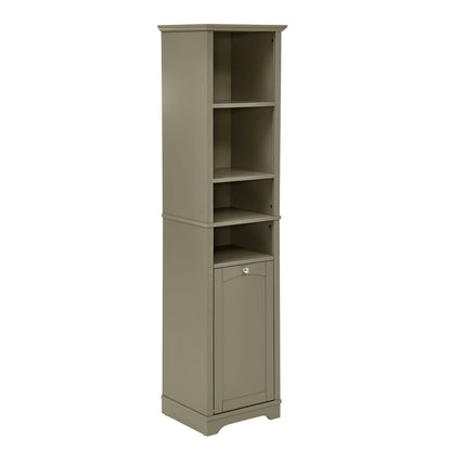 64-Inch Slim Bathroom Storage Cabinet with Adjustable Shelves and Hidden Laundry Hamper, Grey Finish for Small Spaces