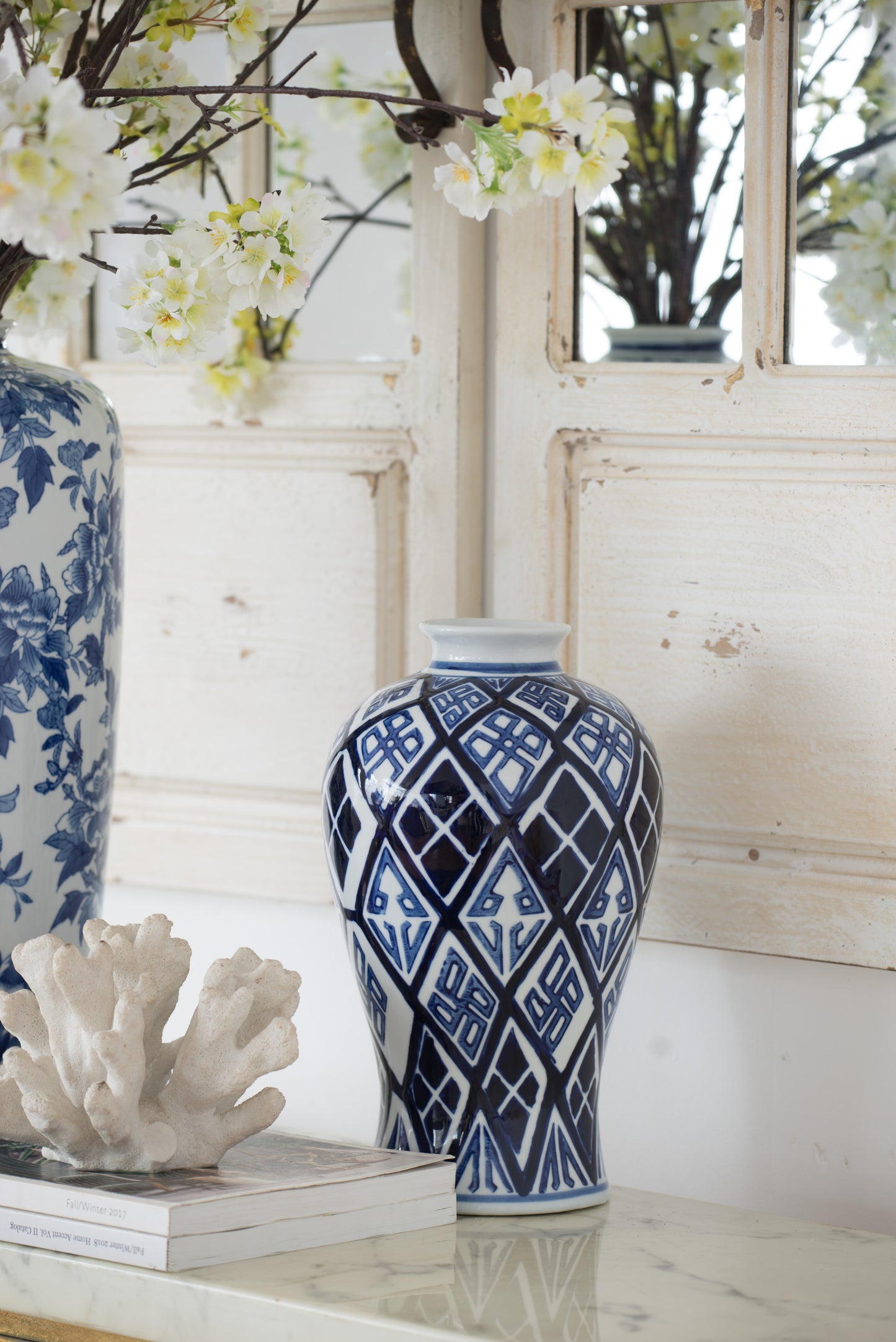 Porcelain Vase with Geometric Diamond Pattern, 12.8 in H x 7.8 in Dia, Transitional Decor, Blue and White