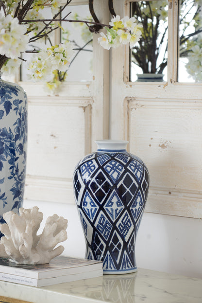 Porcelain Vase with Geometric Diamond Pattern, 12.8 in H x 7.8 in Dia, Transitional Decor, Blue and White