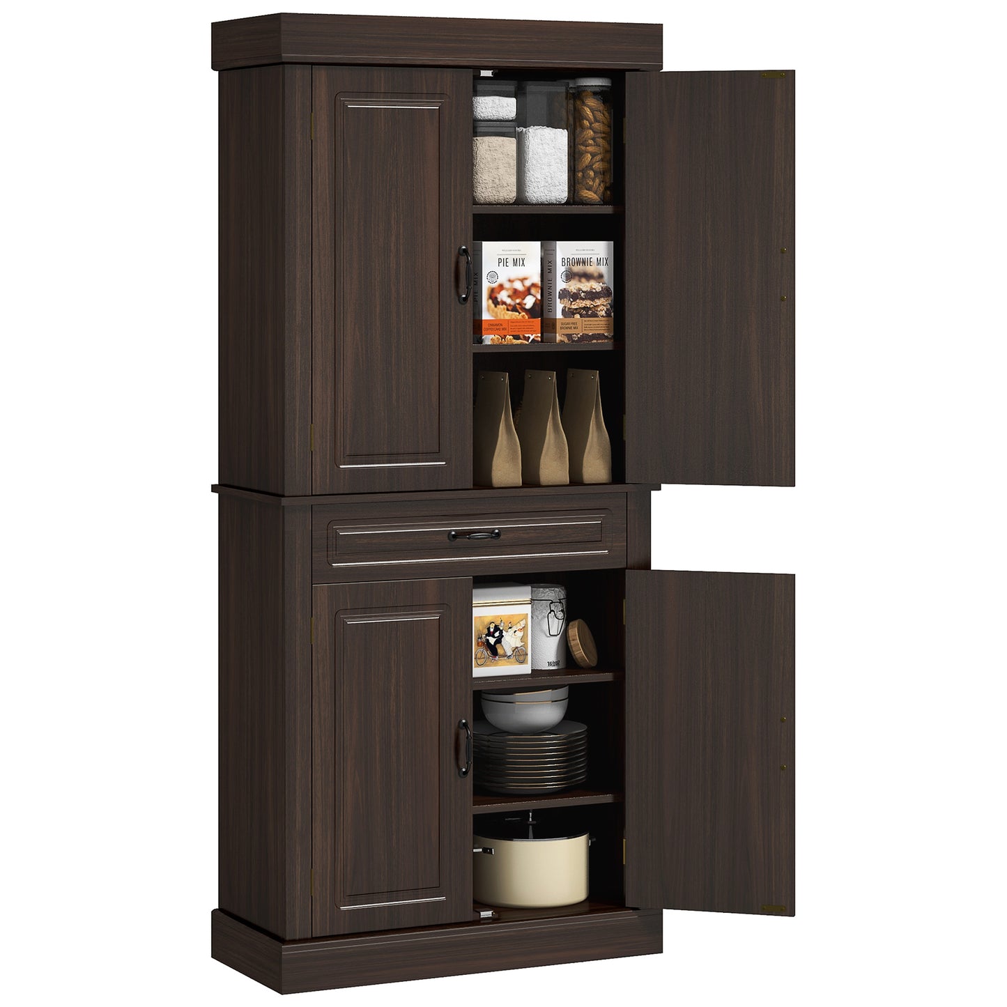 Freestanding 71" Kitchen Storage Cabinet with 4 Doors and Wide Drawer for Dining Room or Office
