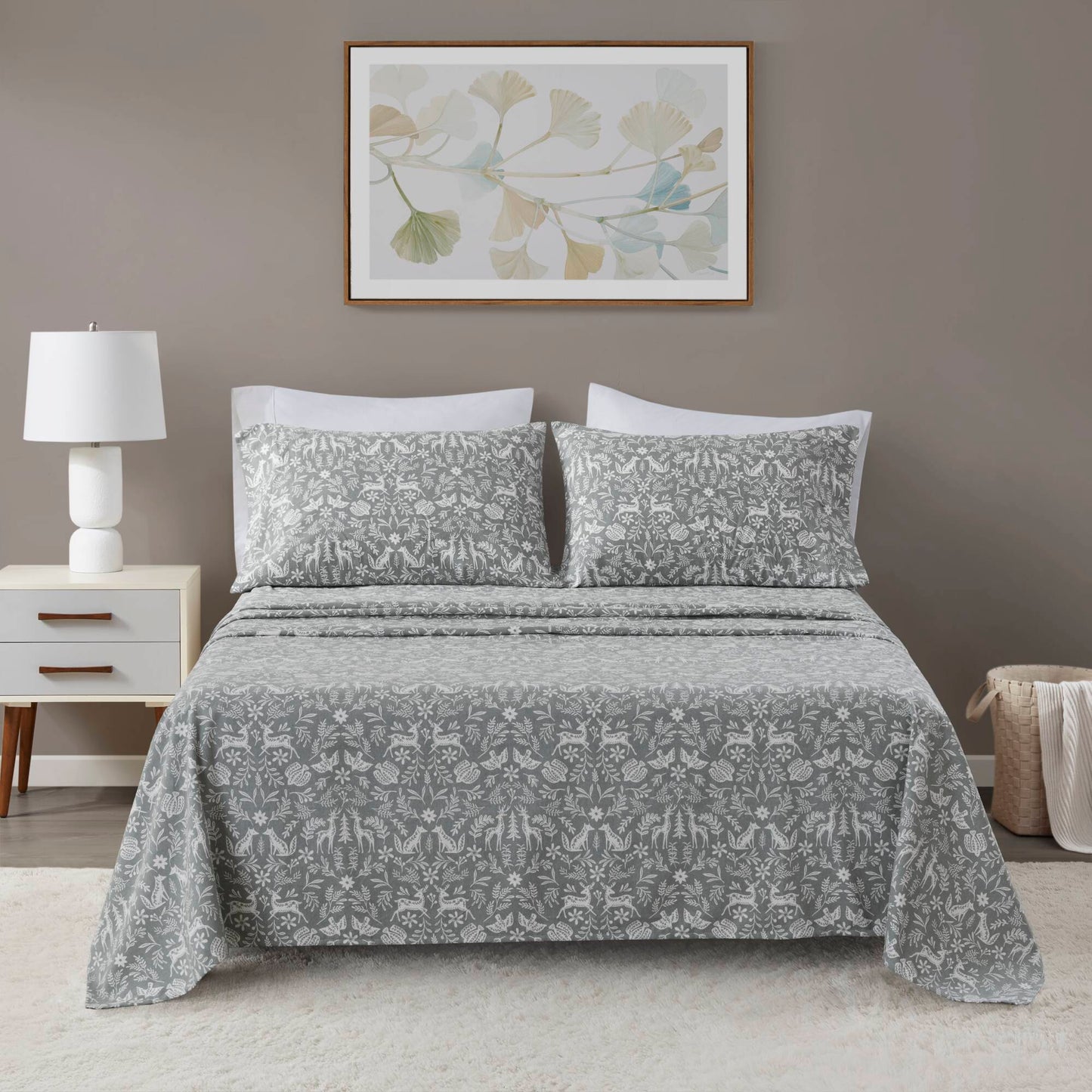 4-Piece Full-Size Cotton Flannel Sheet Set with Oversized Fitted, 2 Pillowcases, Easy Care, Sage Winter Fauna