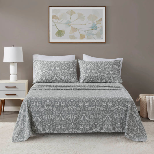4-Piece Full-Size Cotton Flannel Sheet Set with Oversized Fitted, 2 Pillowcases, Easy Care, Sage Winter Fauna