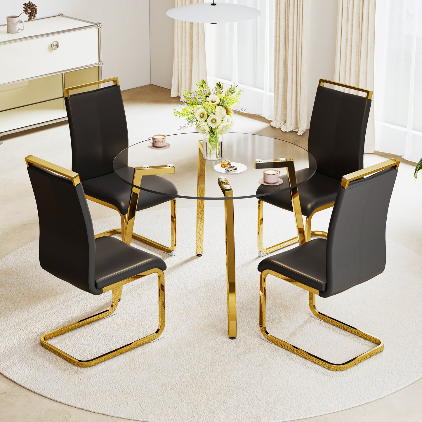 Modern minimalist style circular transparent tempered glass table, tempered glass tabletop, golden metal legs, suitable for kitchen, dining room, and living room, 42 "* 42" * 29.5 "1123r