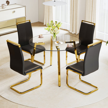 Modern minimalist style circular transparent tempered glass table, tempered glass tabletop, golden metal legs, suitable for kitchen, dining room, and living room, 42 "* 42" * 29.5 "1123r