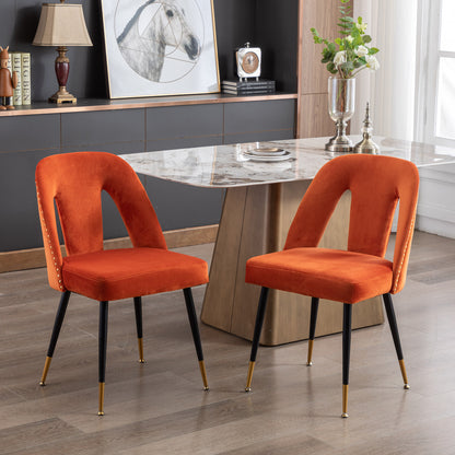 Set of 2 Velvet Upholstered Dining Chairs with Nailhead Trim and Gold-Tipped Black Metal Legs, Orange