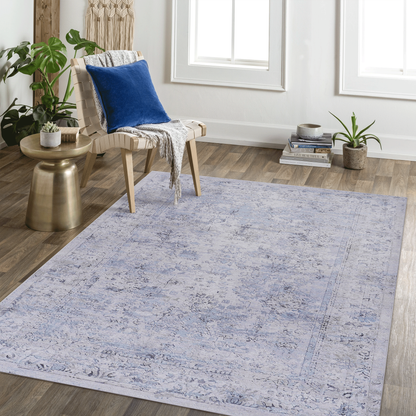 8x10 Machine-Washable Area Rug, Low-Pile, Non-Slip, Foldable, Kid & Pet Friendly - Blue & Cream