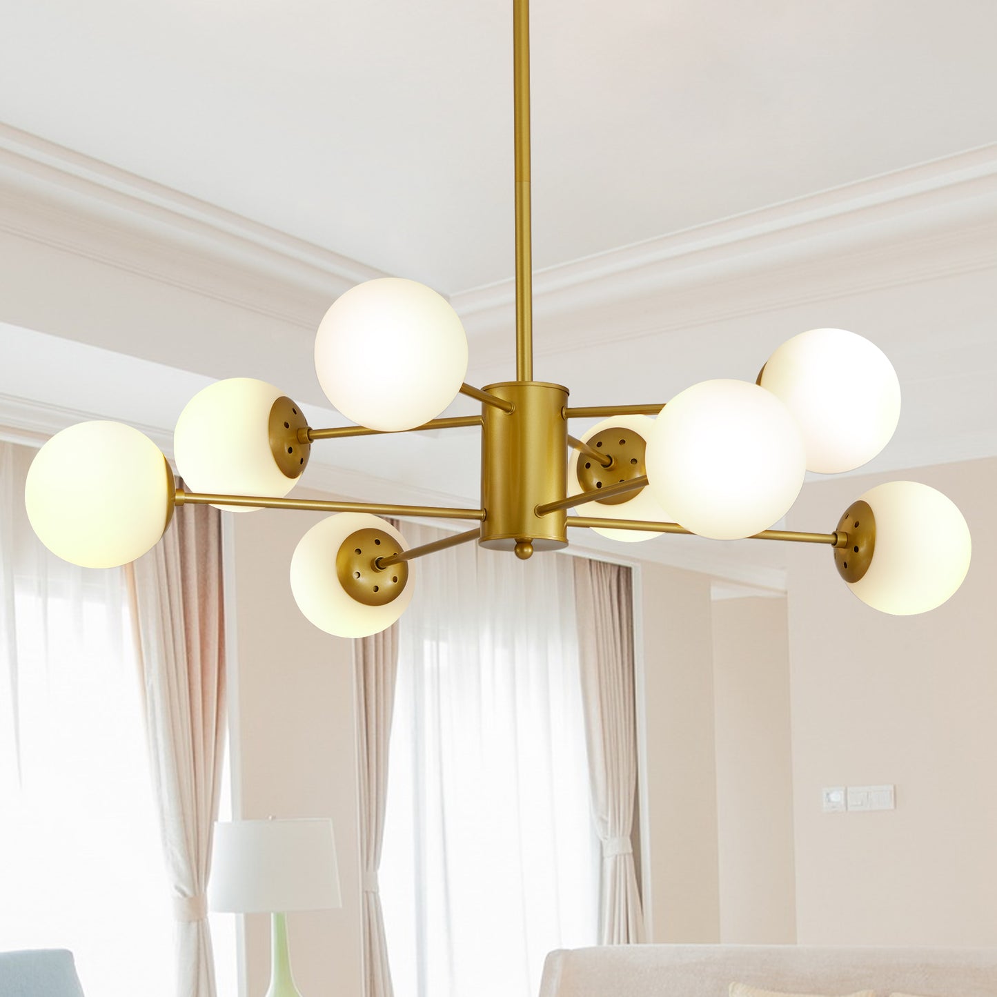 8-Light Modern Chandelier with White Glass Globes, Mid-Century Branching Iron Frame Ceiling Fixture Gold