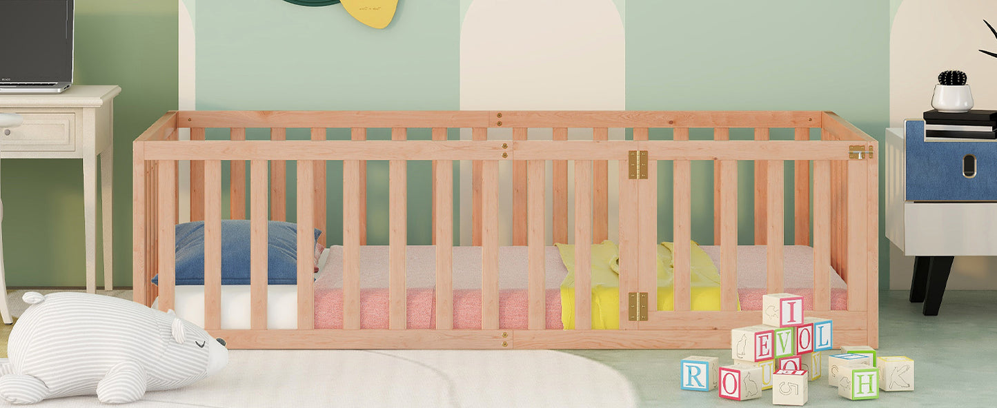 Natural Twin Size Wooden Floor Bed Frame with Playful Fence and Door