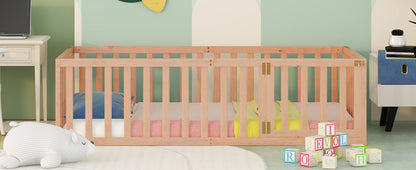Natural Twin Size Wooden Floor Bed Frame with Playful Fence and Door