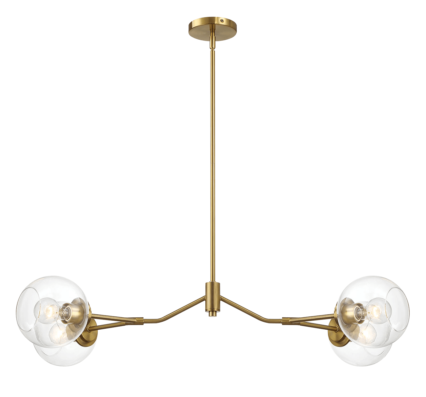 Four-Light Modern Farmhouse Chandelier for Kitchen Island and Dining Room, 36in L x 20in W x 7.25in H, Brass Frame, Clear Glass