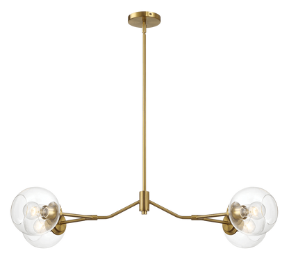 Four-Light Modern Farmhouse Chandelier for Kitchen Island and Dining Room, 36in L x 20in W x 7.25in H, Brass Frame, Clear Glass