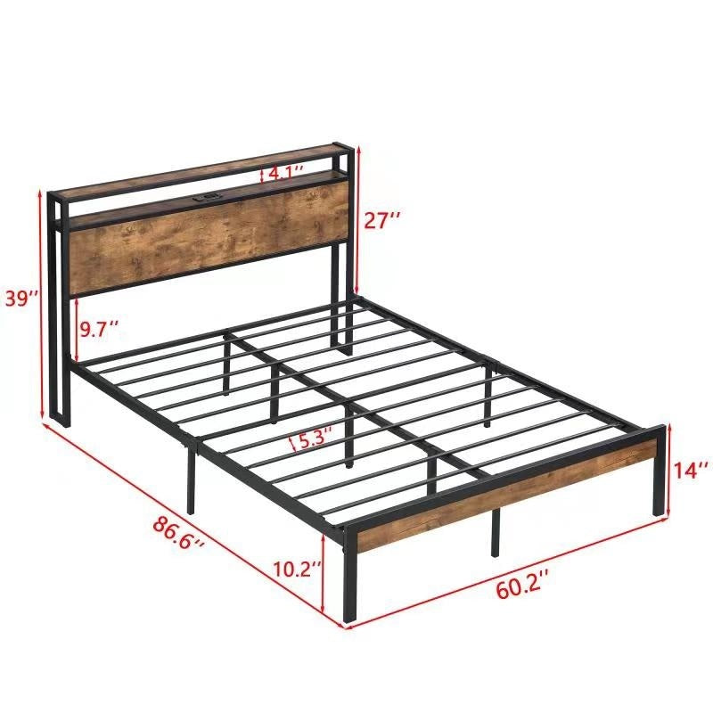 Modern Queen Size Metal Platform Bed Frame with USB Charging, LED Lights & Wooden Accents, No Box Spring Needed, Ample Under Bed Storage, Easy to Assemble