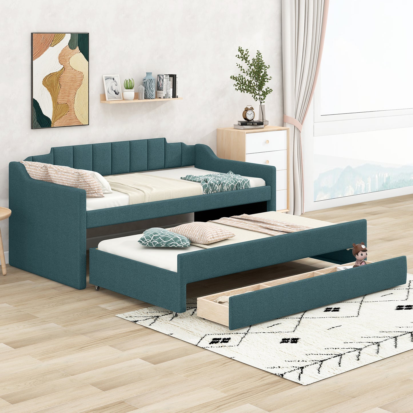 Green Twin Size Upholstered Daybed with Trundle and Storage Drawers