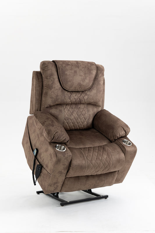 Oversized Velvet Lift Chair with 180° LayFlat, 400 lb Cap, 25in Seat, OKIN Motors, Recliner Brown
