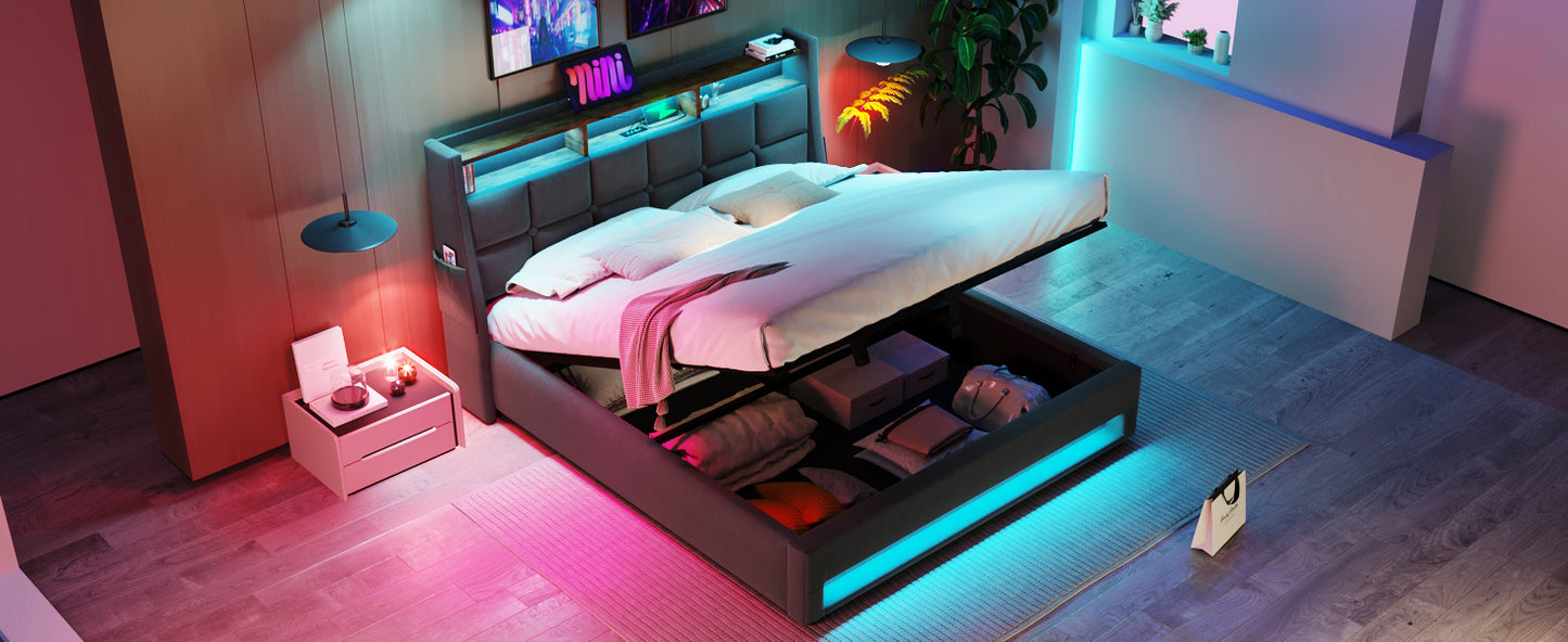 Modern Queen Size Upholstered Platform Bed with Hydraulic Storage, LED Lighting, and USB Port - Grey (Mattress Not Included)