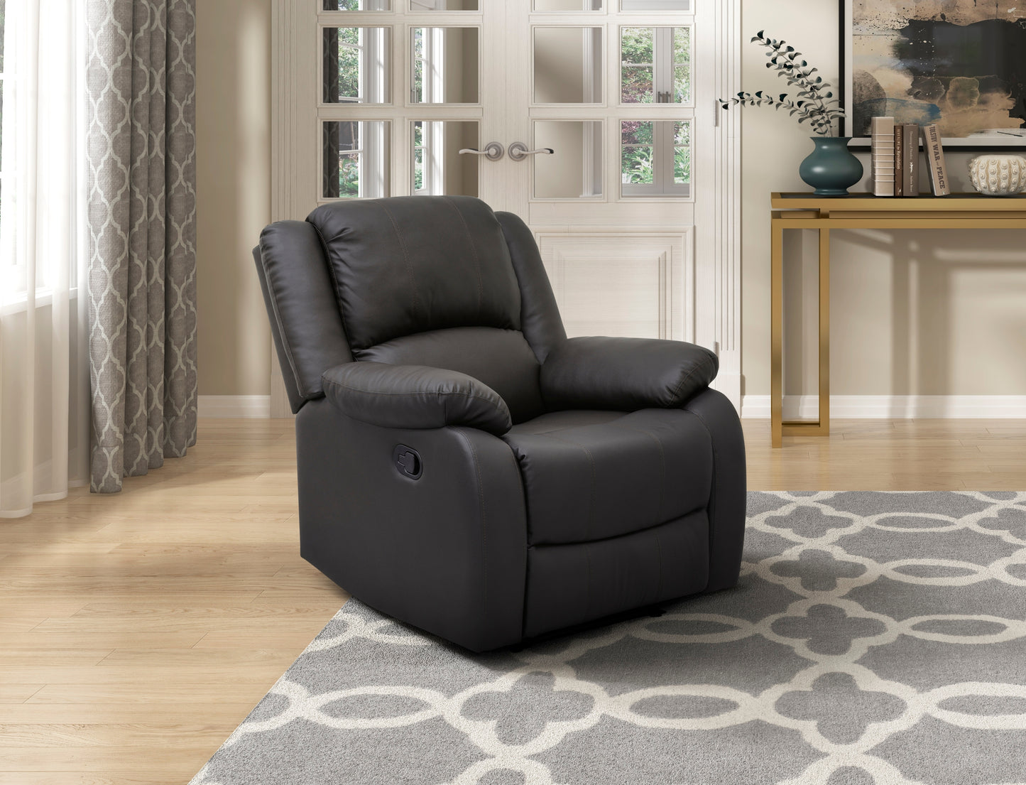 Manual Recliner Chair, Solid Wood Frame, Faux Leather Upholstery, Pillowtop, 1pc Living Room Dark Brown