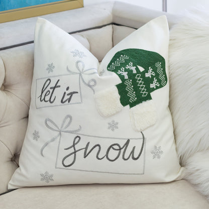 Christmas 20x20 Throw Pillow — Cotton Cushion with Let It Snow Embroidery, Knit Hat Design, Insert Green