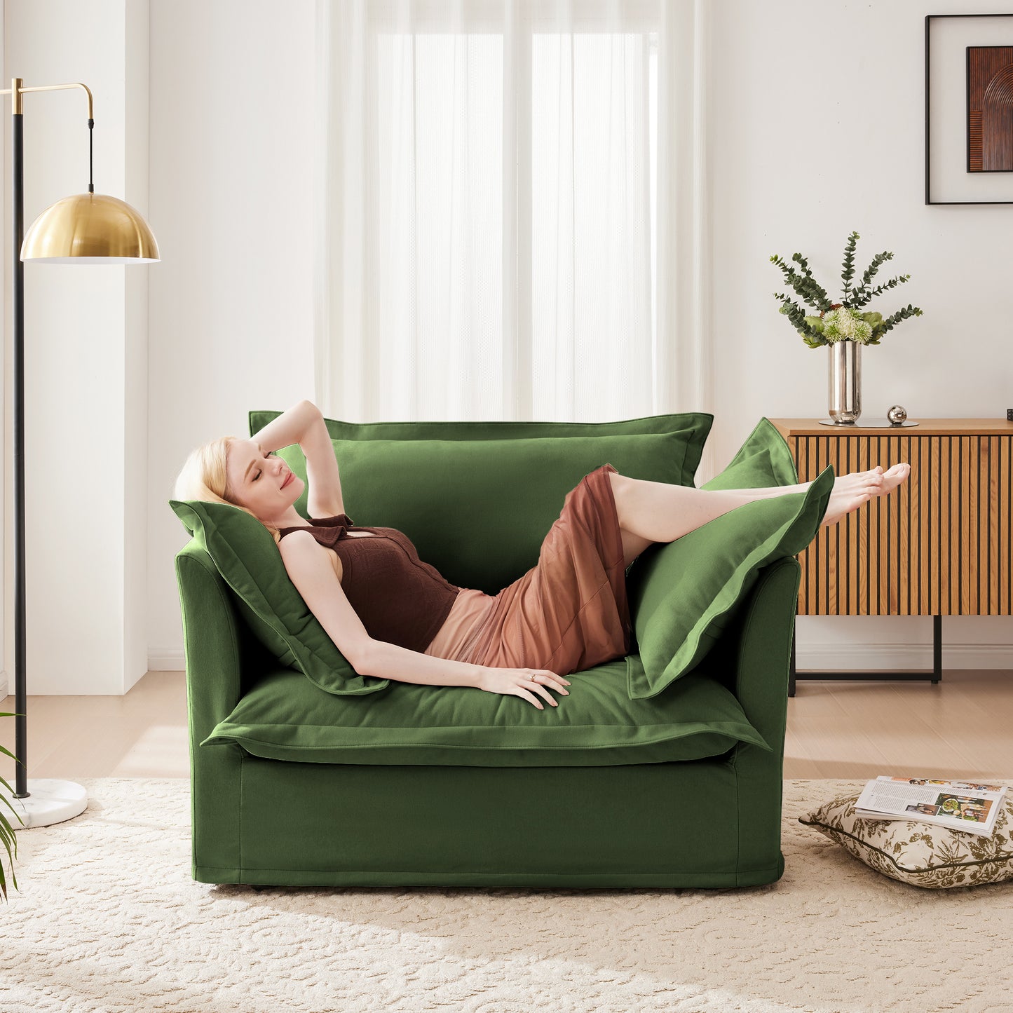 Slipcovered Armchair with Deep Seat, 1 Large Back Cushion, 2 Toss Pillows, Removable Chenille Cover, Green