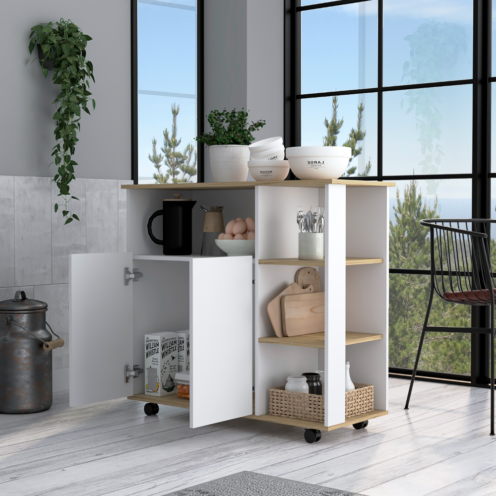 Multifunctional Kitchen Cart with Four Shelves and Locking Casters - Light Oak/White Finish
