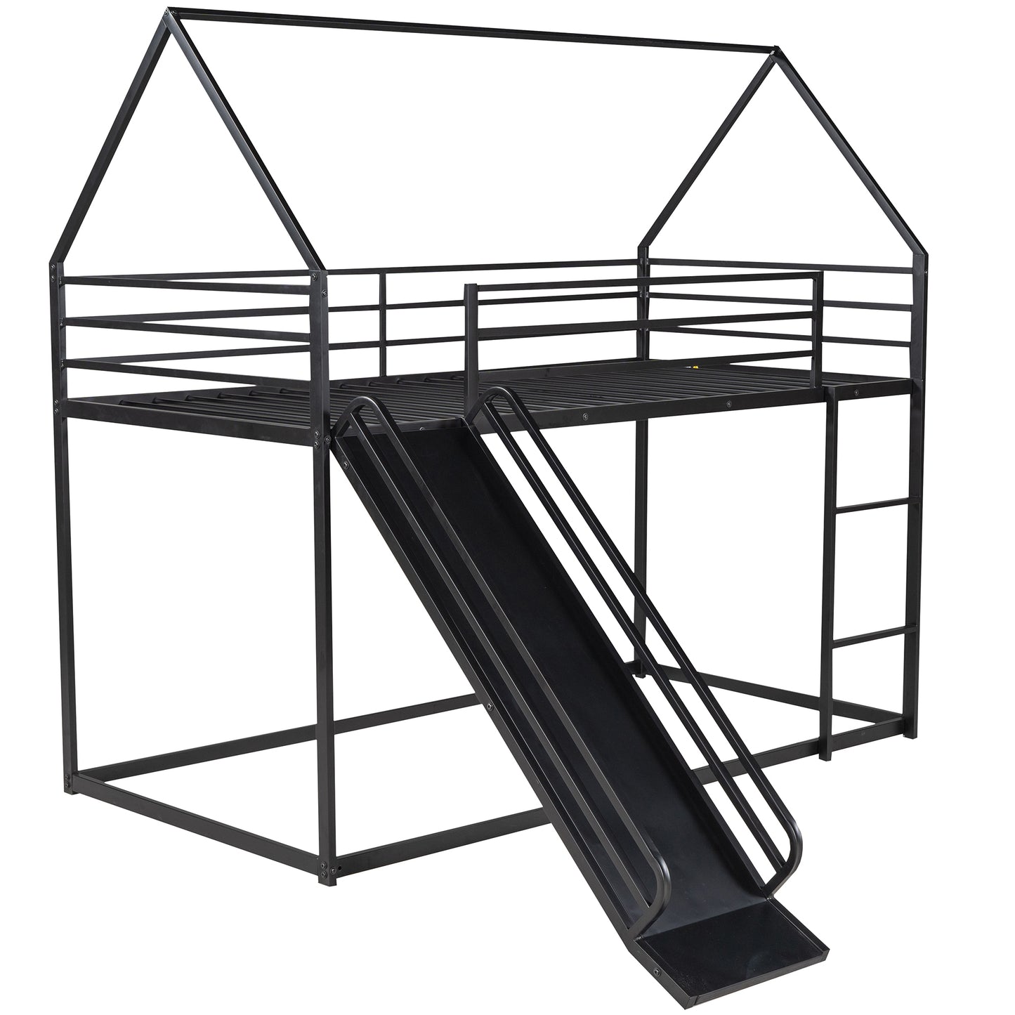 Twin House Bunk Bed with Slide and Ladder in Black for Kids