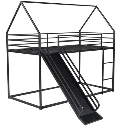 Twin House Bunk Bed with Slide and Ladder in Black for Kids