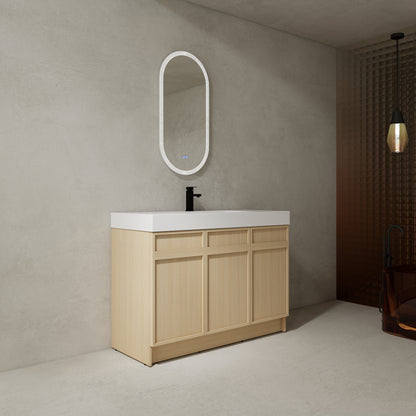 Modern 48" Freestanding Oak Bathroom Vanity with White Resin Sink & Soft-Close Doors