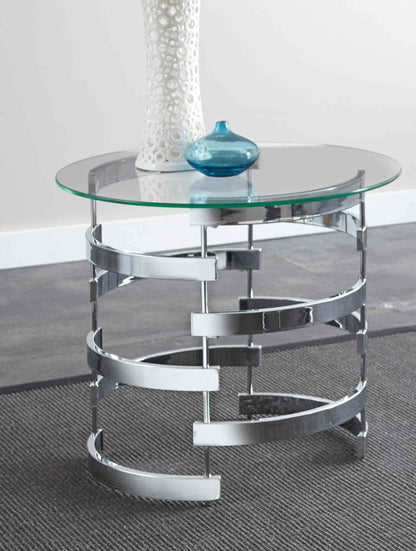 Contemporary Round Glass End Table, 23-Inch Diameter, 8mm Tempered Glass Top, Chrome Iron Base Gray