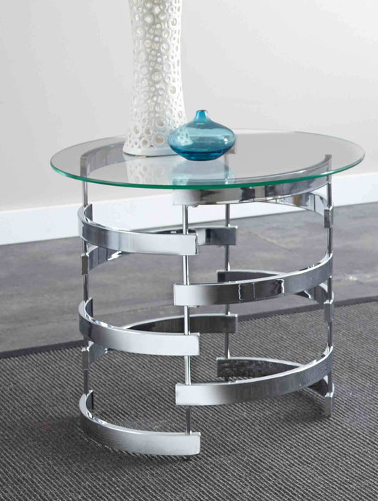 Contemporary Round Glass End Table, 23-Inch Diameter, 8mm Tempered Glass Top, Chrome Iron Base Gray