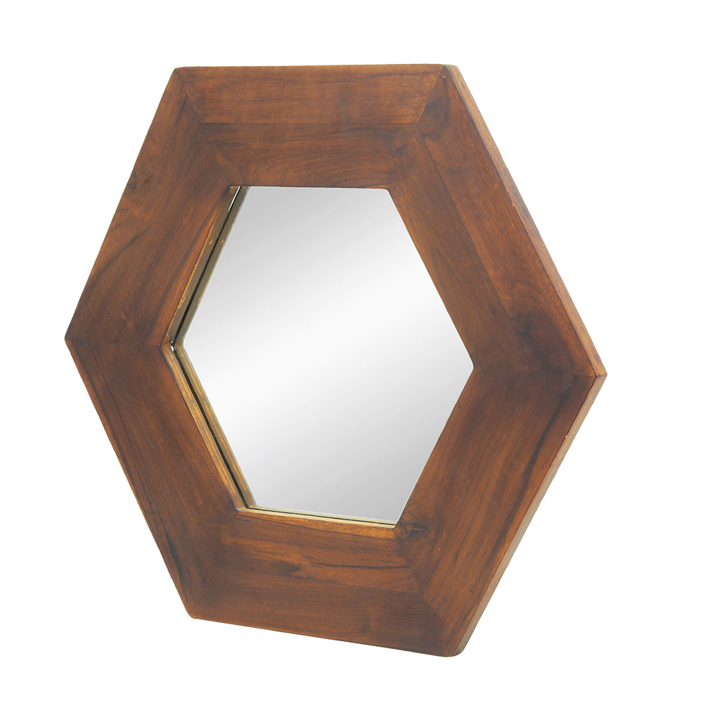 Hexagonal Teak Wood Framed Mirror - 18.5" Wall Decor for Living Room, Bathroom, or Hallway in Dark Brown