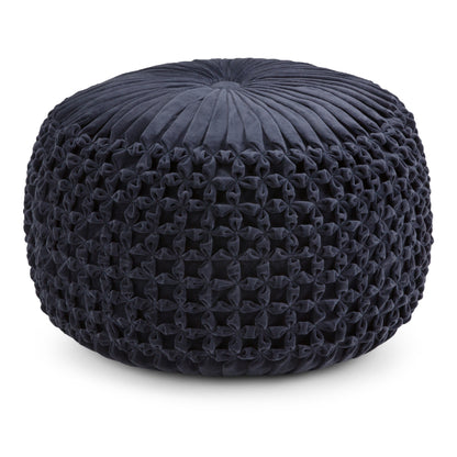Round Pouf, Velvet Fabric, 20in Diameter x 14in H, Bead-Filled, Tufted Foot Stool for Living Room, Navy
