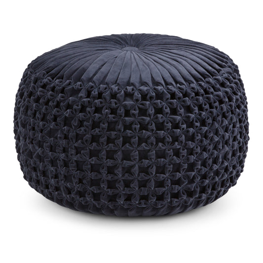 Round Pouf, Velvet Fabric, 20in Diameter x 14in H, Bead-Filled, Tufted Foot Stool for Living Room, Navy