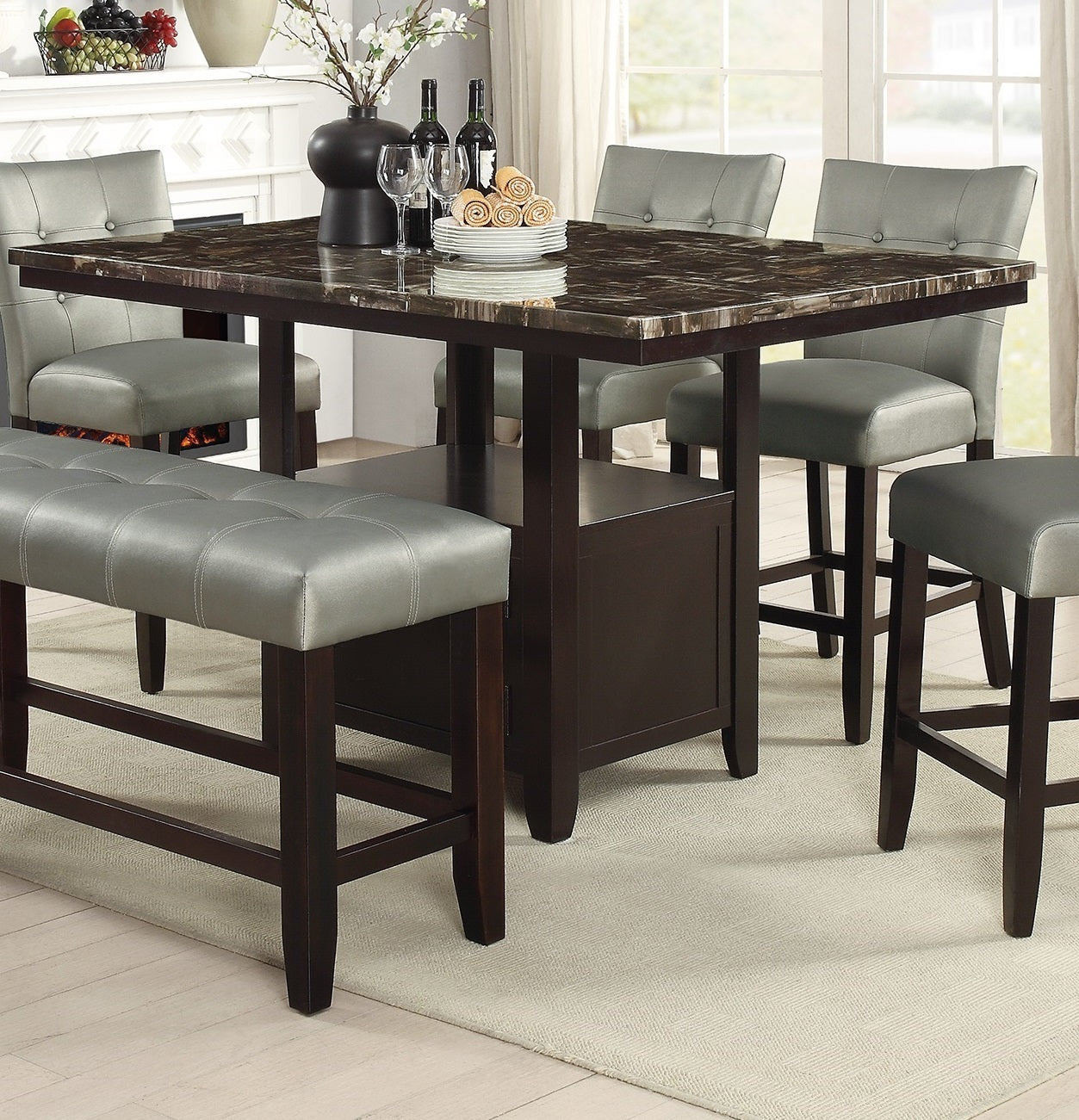 Counter Height Dining Table With Faux Marble Espresso Brown