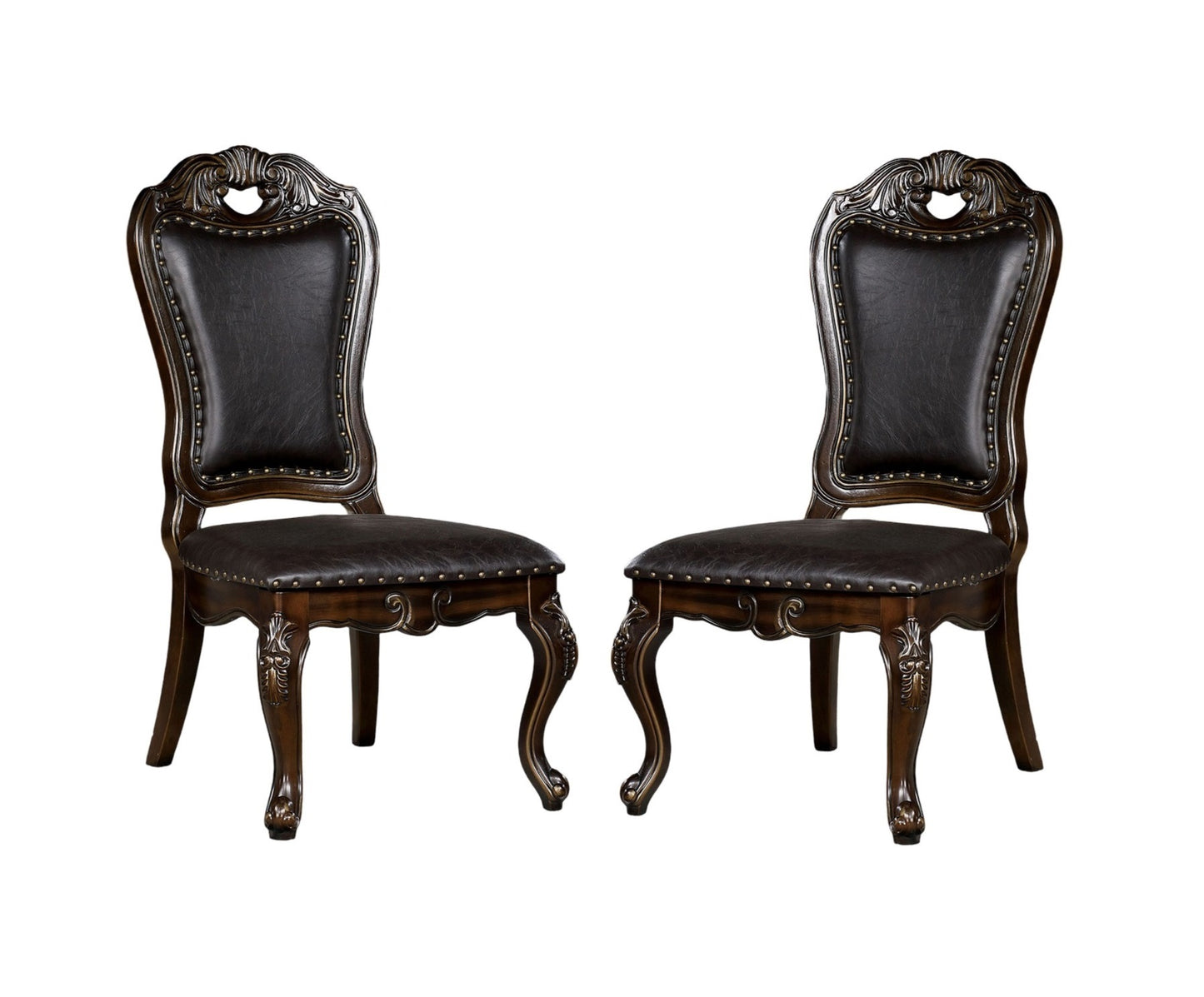 Set of 2 Solid Wood Dining Chairs with Leatherette Seats, Traditional Cabriole Legs, Nailhead Trim Walnut