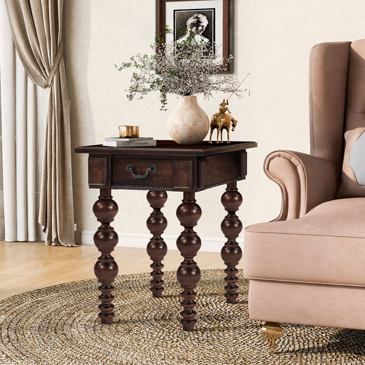 Solid Wood End Table with Drawer - Narrow Living Room Side Table, Vintage, Easy Assembly, Espresso