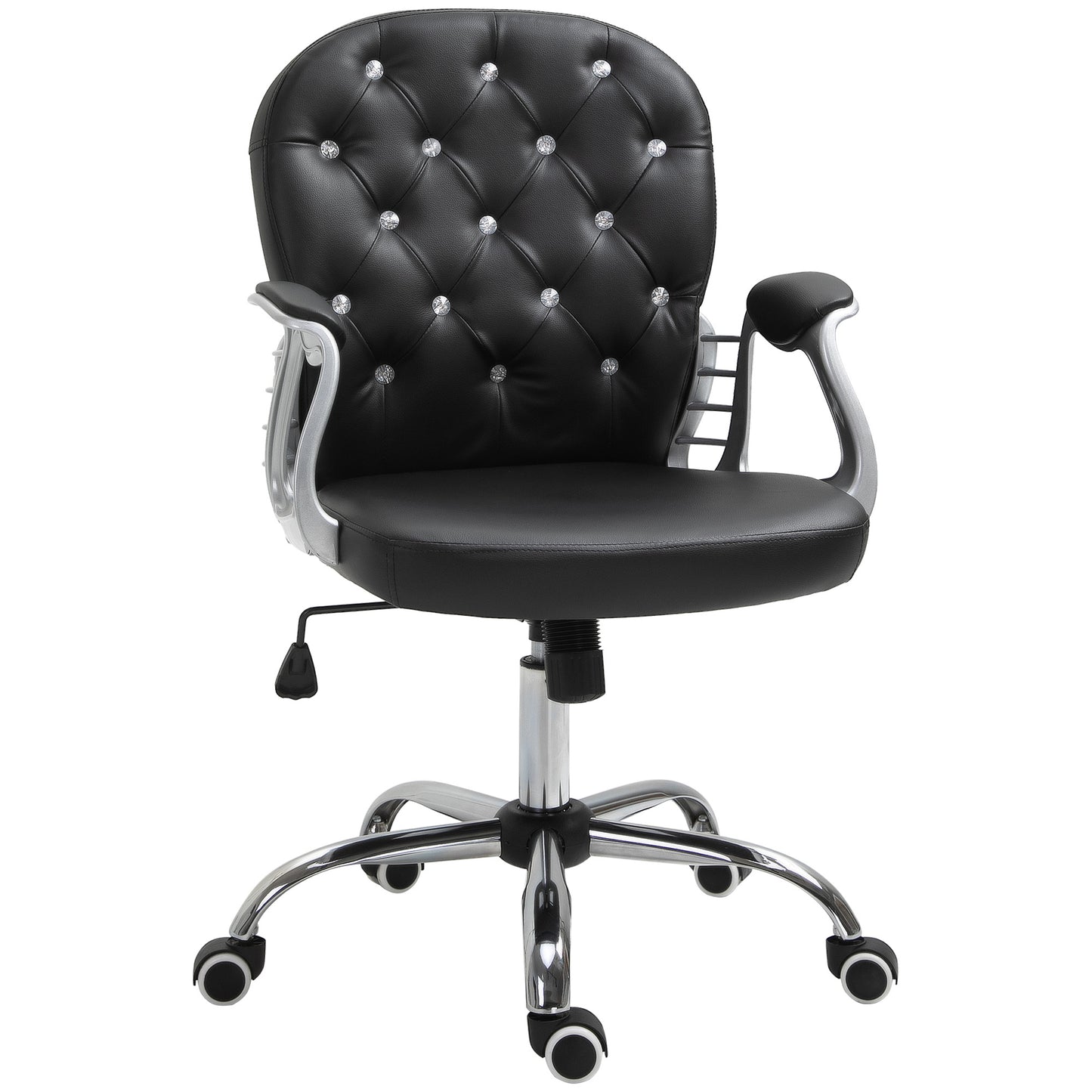 Button-Tufted Adjustable Black PU Leather Desk Chair with Padded Armrests and Swivel Wheels