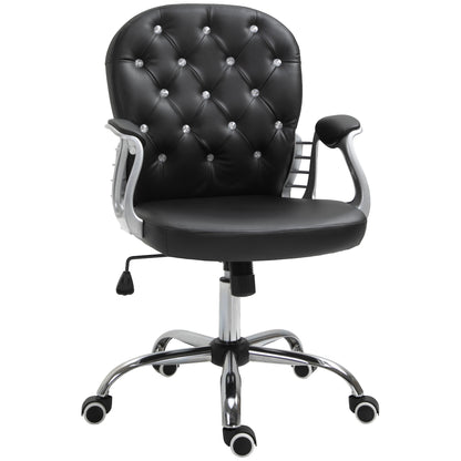 Button-Tufted Adjustable Black PU Leather Desk Chair with Padded Armrests and Swivel Wheels