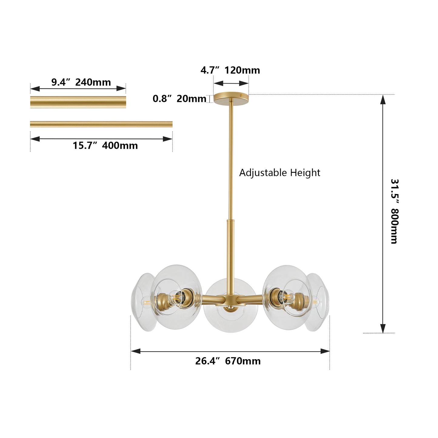 5-Light Sputnik Pendant Chandelier with Clear Glass Shades for Dining and Kitchen, Hard-Wired 120V, Gold