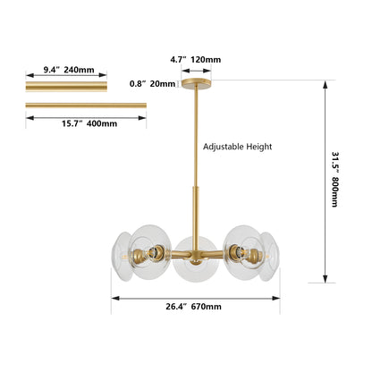 5-Light Sputnik Pendant Chandelier with Clear Glass Shades for Dining and Kitchen, Hard-Wired 120V, Gold