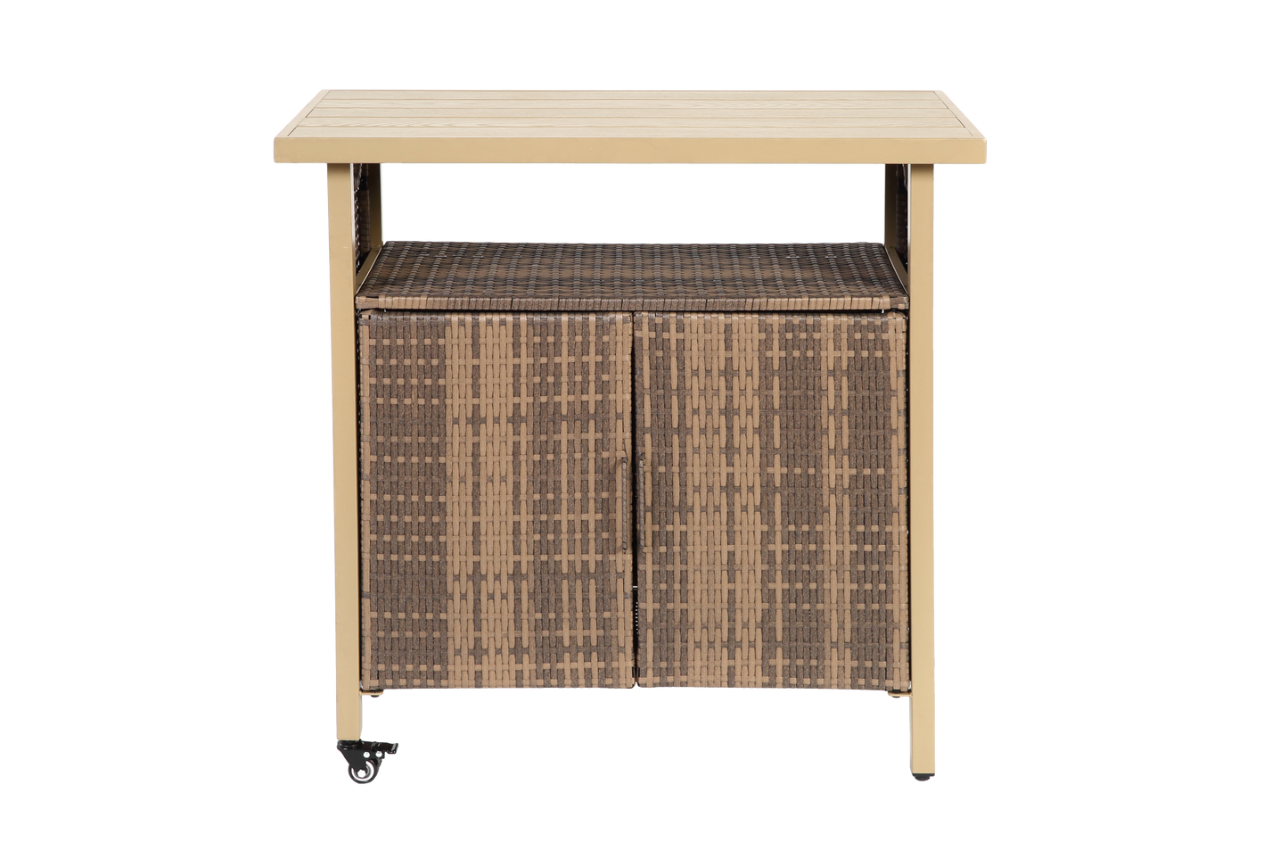 Outdoor Wicker Bar Cart With Glass Top, Rolling Beverage Serving Cart For Patio, Porch Or Poolside, Beige