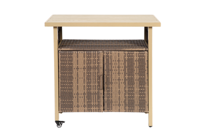 Outdoor Wicker Bar Cart With Glass Top, Rolling Beverage Serving Cart For Patio, Porch Or Poolside, Beige