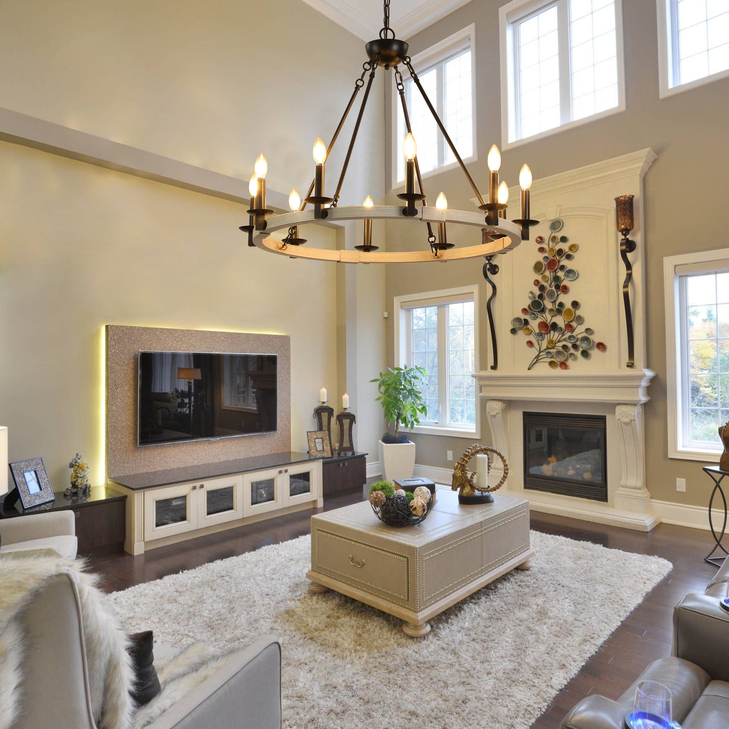 10-Light Rustic Farmhouse Round Chandelier for Dining, 31.5-in Dia, Iron & Wood, E12 Base - Matte Black