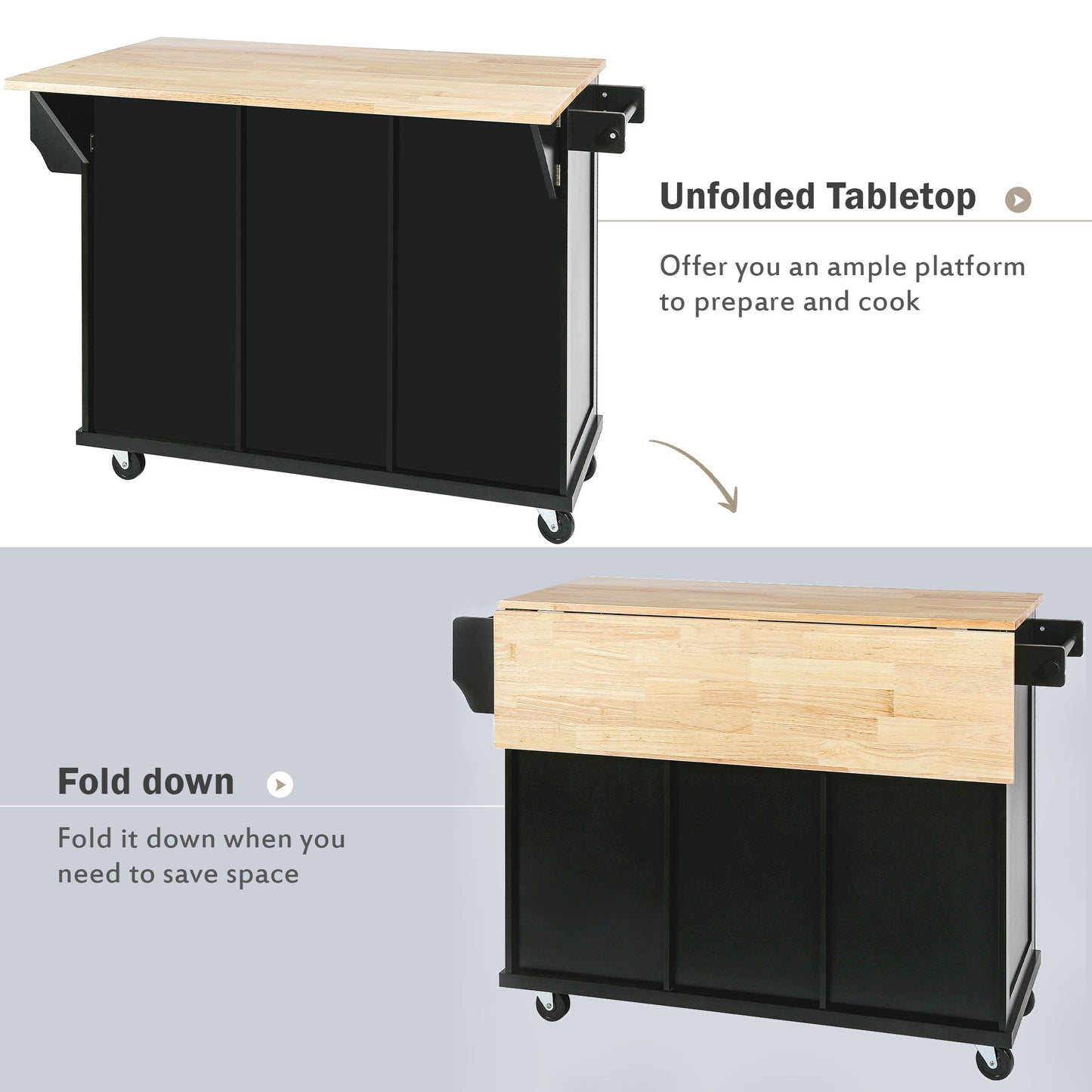 Black Kitchen Island Cart with Drop-Leaf Rubber Wood Top, Storage Cabinet, and Rolling Wheels